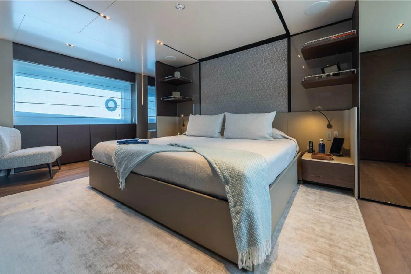 The master stateroom offers a spacious and luxurious sleeping area with modern furnishings. aboard ON Yacht for Sale