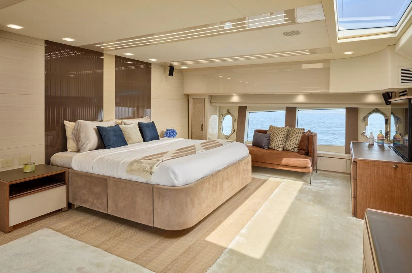 The master stateroom offers a spacious and luxurious retreat with panoramic sea views. aboard MIRAE Yacht for Sale