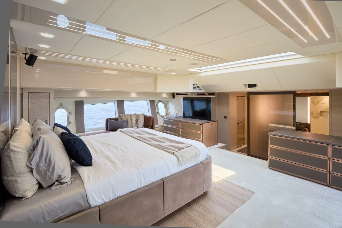 The master stateroom offers a luxurious and spacious retreat with elegant furnishings and ample natural light. aboard MIRAE Yacht for Sale