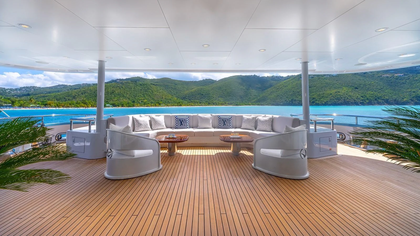 The aft deck features a spacious and inviting seating area with stunning views of the surrounding waters. aboard SCOTT FREE Yacht for Sale