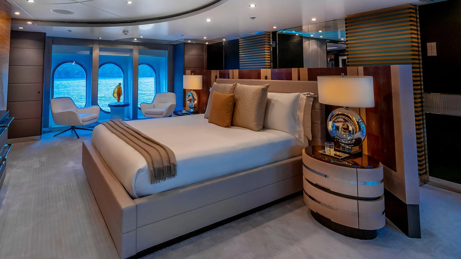 The master stateroom offers a luxurious and spacious retreat with elegant furnishings and stunning ocean views. aboard SCOTT FREE Yacht for Sale