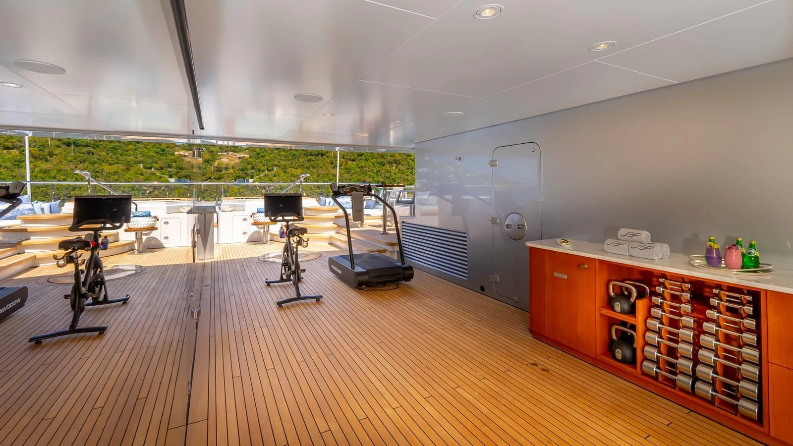 The yacht features a well-equipped gym with modern exercise equipment and a scenic view. aboard SCOTT FREE Yacht for Sale
