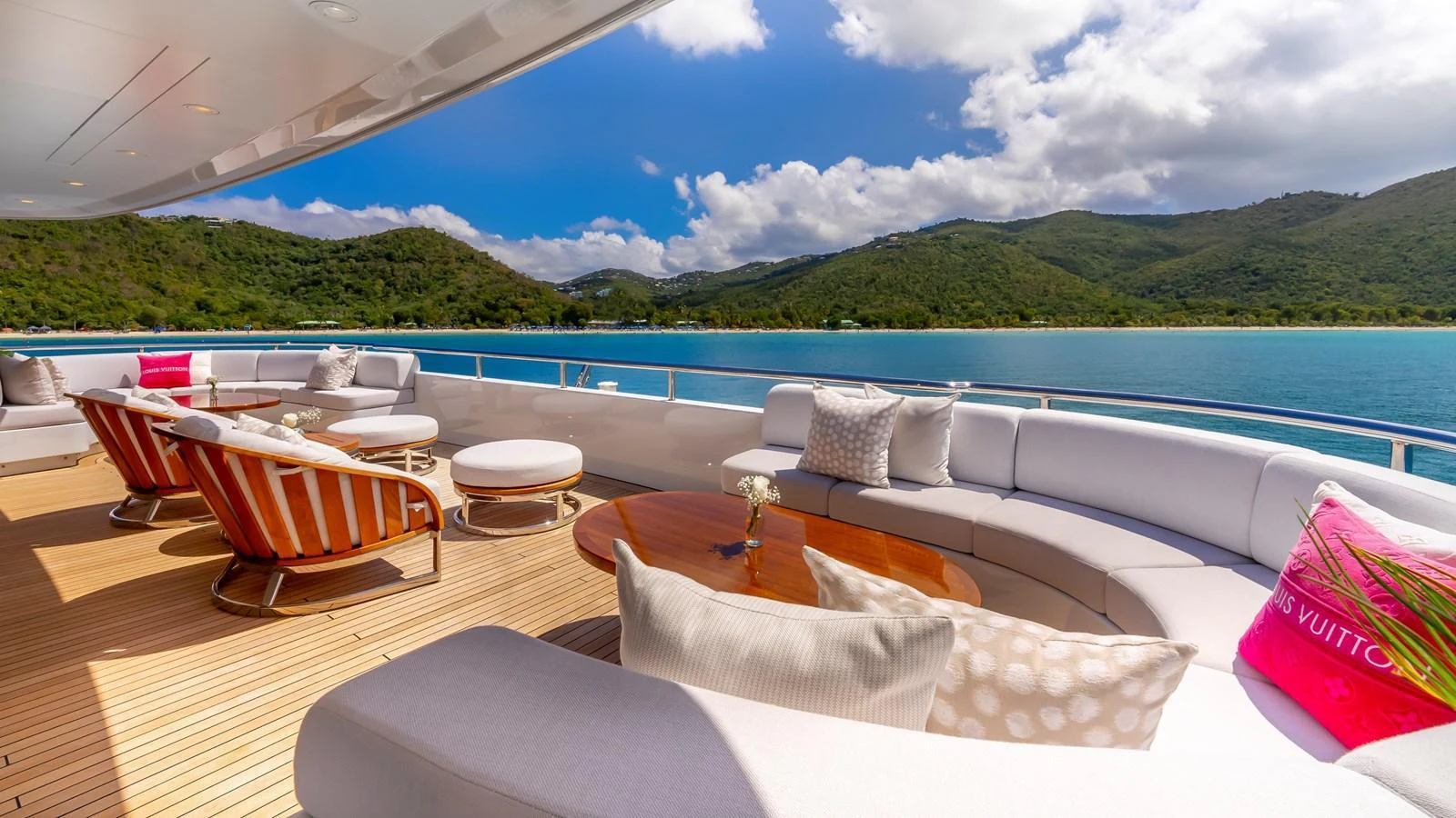 The aft deck offers a luxurious seating area with stunning views of the surrounding waters and landscape. aboard SCOTT FREE Yacht for Sale