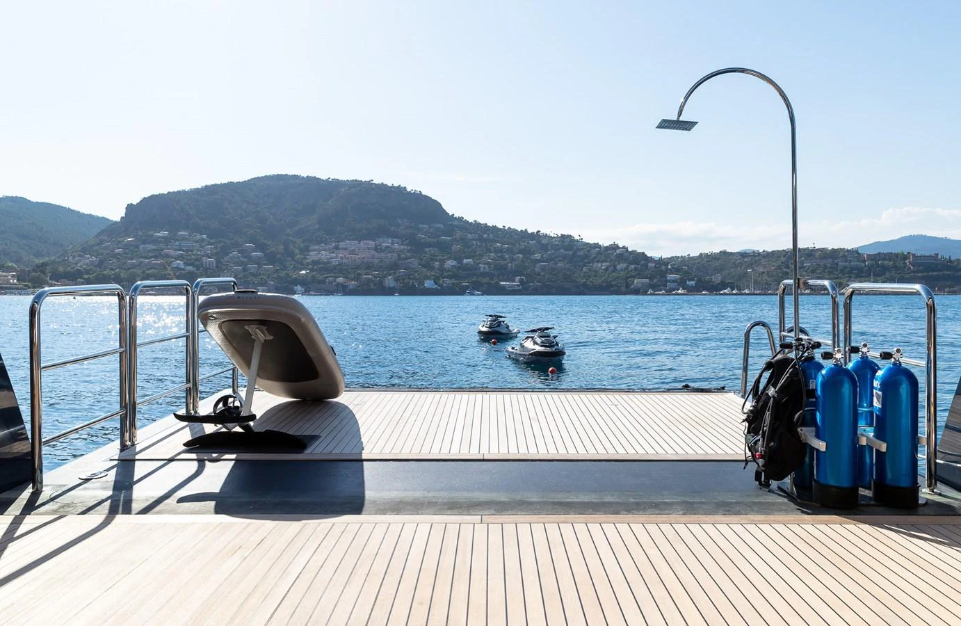 The spacious swim platform offers easy access to the water and is equipped with diving gear. aboard VISION Yacht for Sale