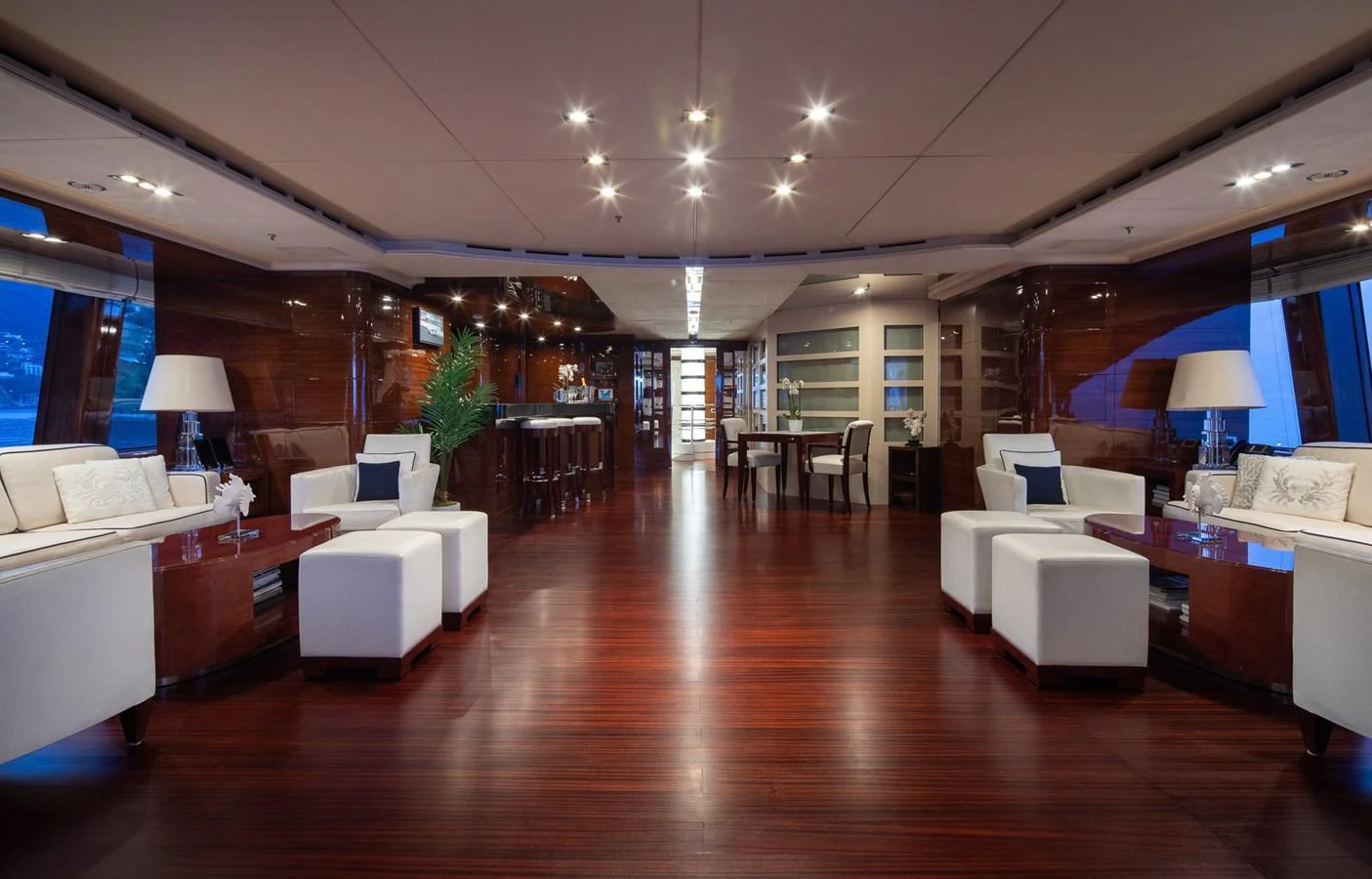 The spacious salon features elegant seating and a sophisticated ambiance. aboard VISION Yacht for Sale