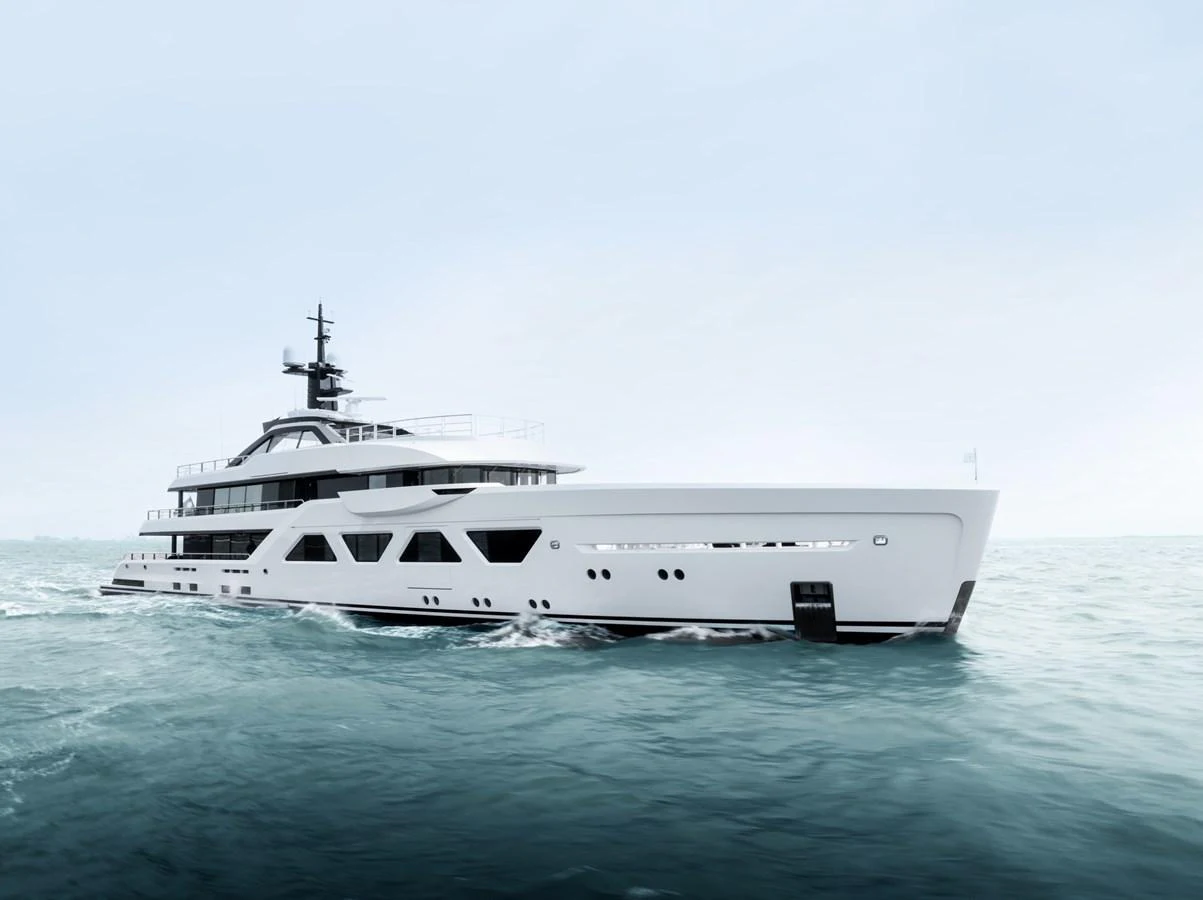 A sleek and modern yacht cruising through calm waters under a clear sky. aboard AMELS 60 Yacht for Sale