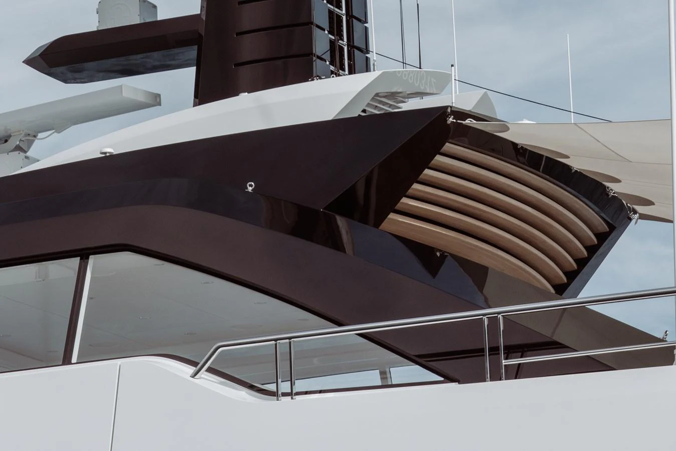 A close-up view of the yacht's sleek and modern architectural design. aboard AMELS 60 Yacht for Sale