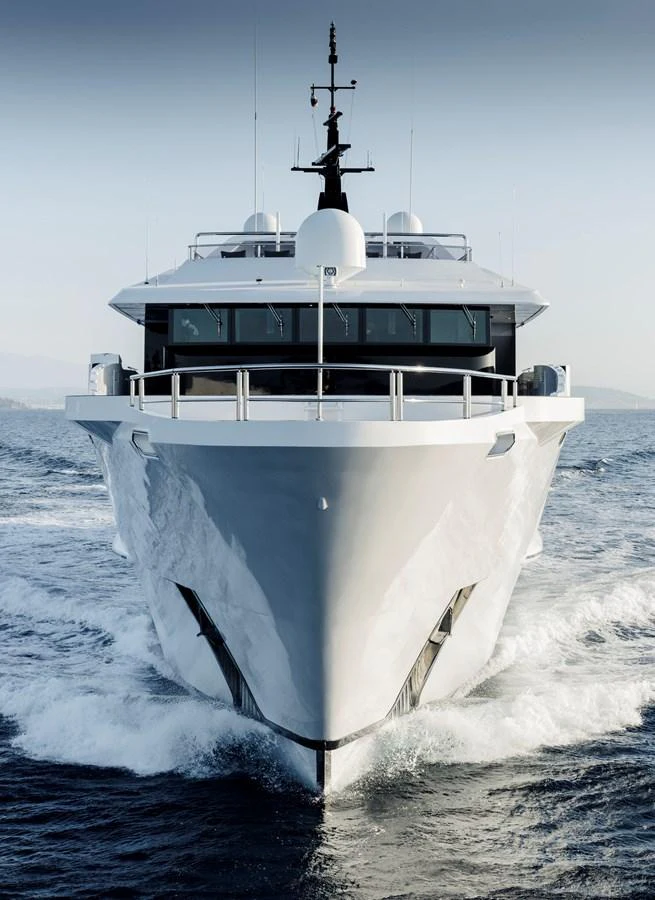 A sleek and modern yacht cuts through the water with impressive presence. aboard IDOL Yacht for Sale