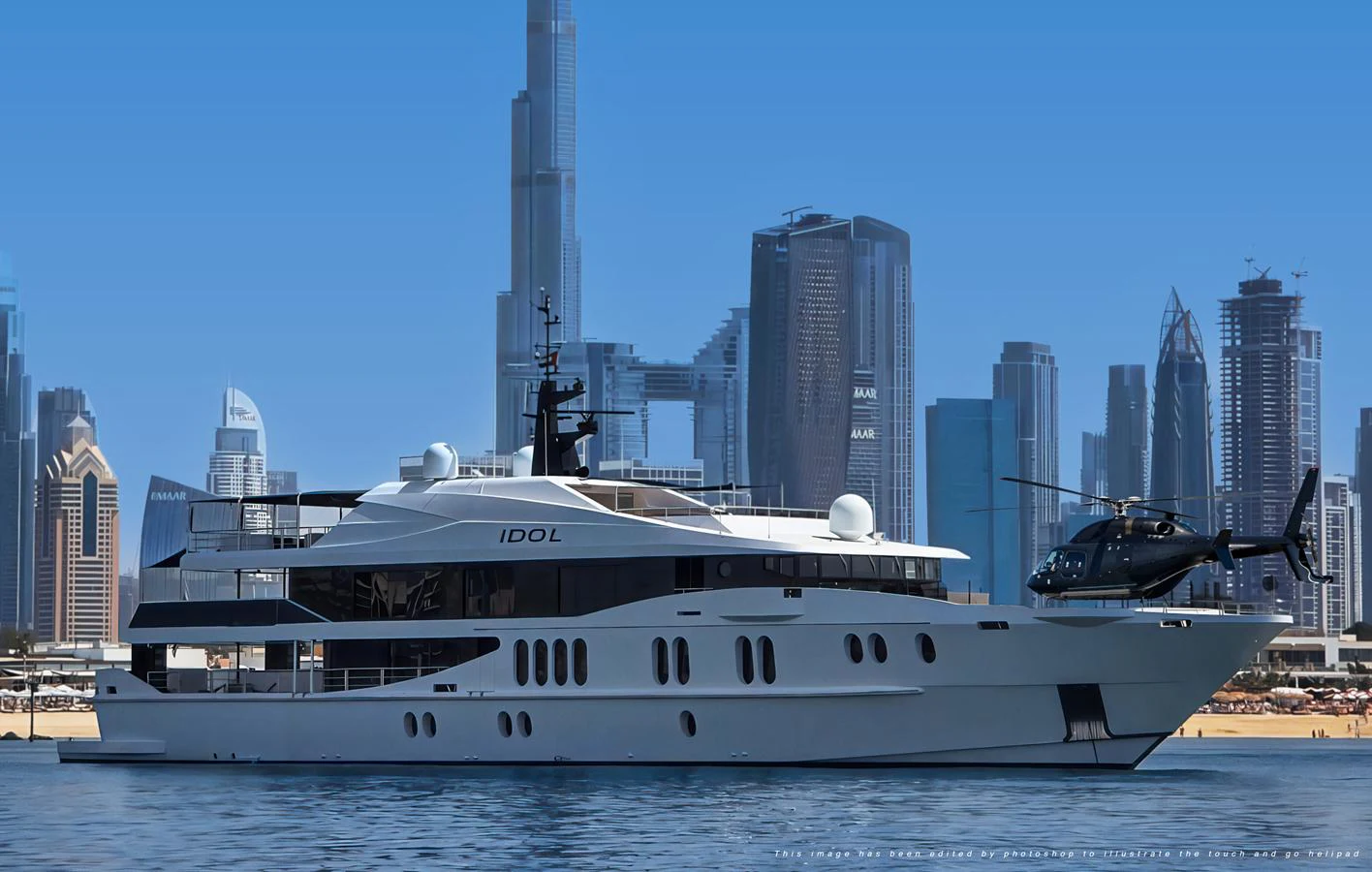 A luxurious yacht is anchored with a stunning city skyline in the background. aboard IDOL Yacht for Sale