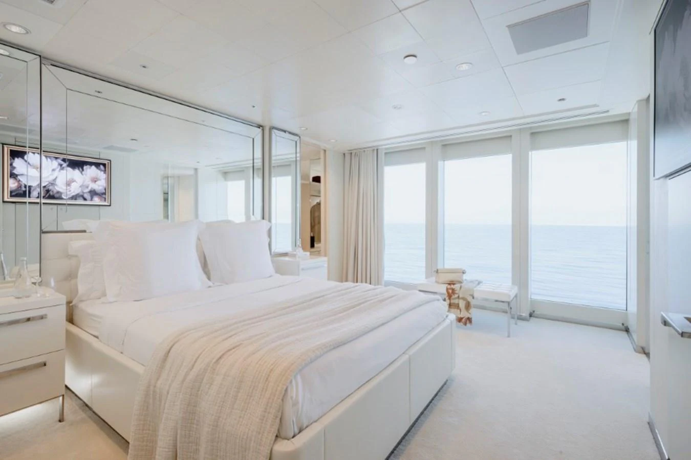 The master stateroom offers a serene and luxurious retreat with expansive ocean views. aboard IDOL Yacht for Sale