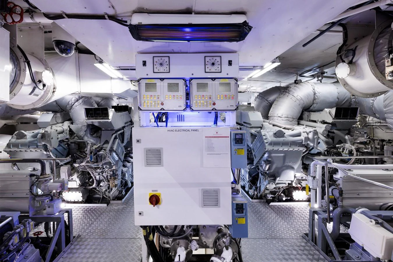 The image showcases the yacht's engine room with advanced machinery and control panels. aboard RONIN Yacht for Sale