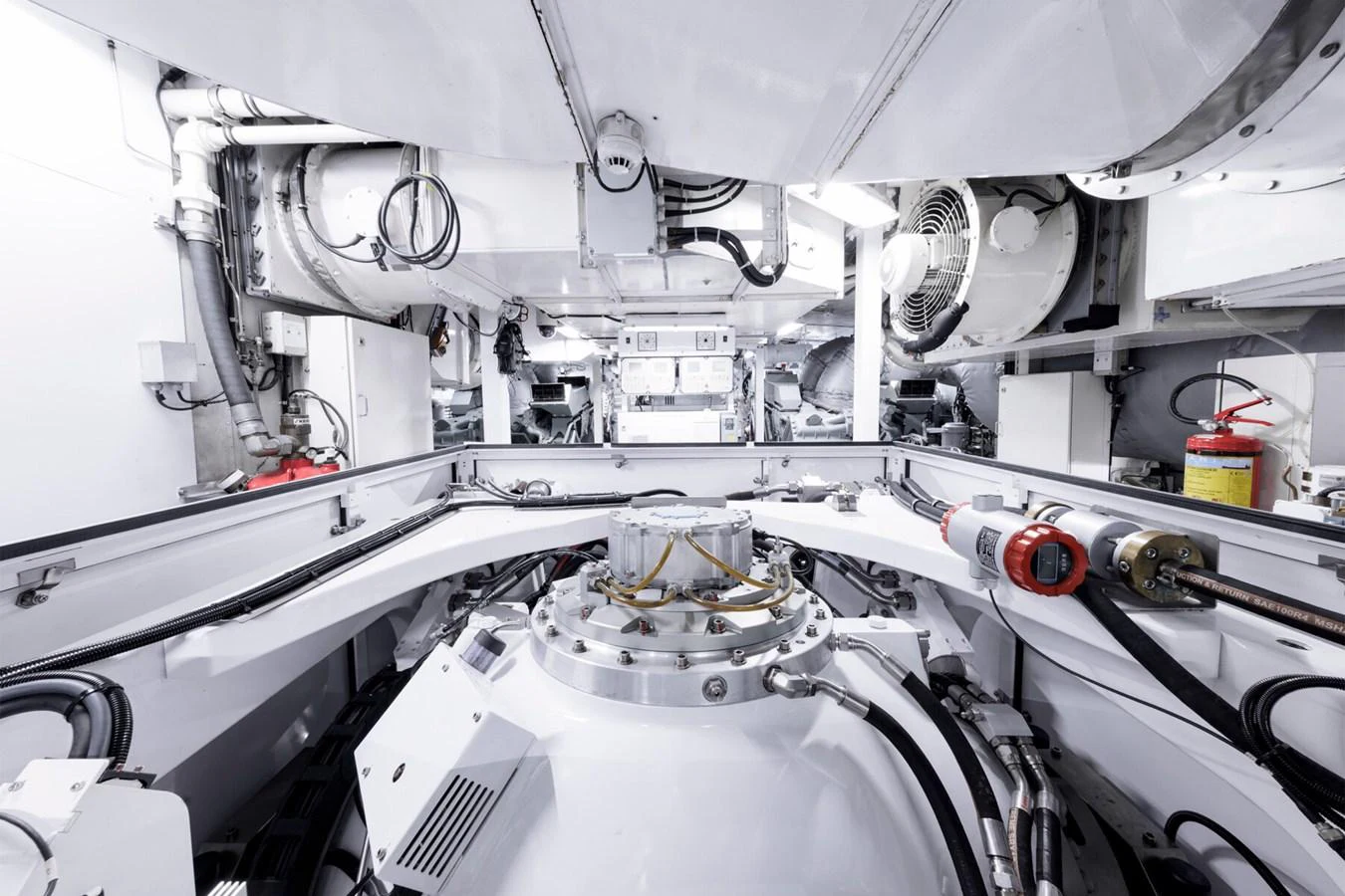 The image showcases the yacht's meticulously organized engine room with advanced machinery and equipment. aboard RONIN Yacht for Sale