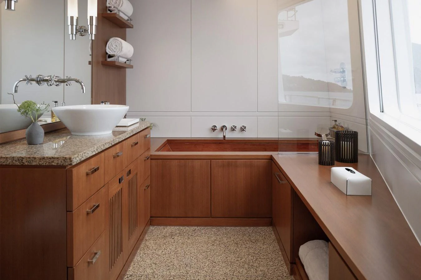 A luxurious yacht bathroom featuring wooden cabinetry, a granite countertop, and a large window with a view. aboard RONIN Yacht for Sale