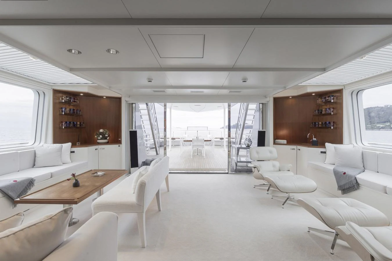 The spacious salon offers a luxurious and modern setting with ample seating and panoramic views. aboard RONIN Yacht for Sale