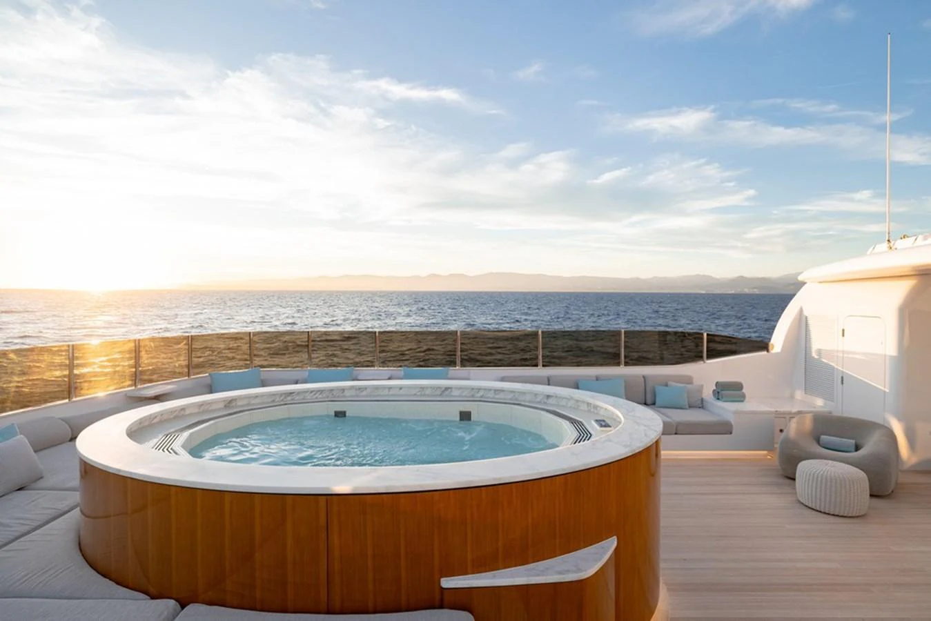 The sundeck features a luxurious hot tub with panoramic ocean views. aboard CARPE DIEM Yacht for Sale