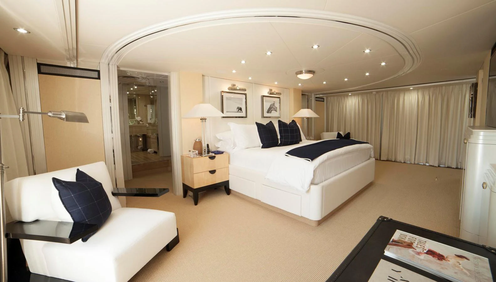 The master stateroom offers a spacious and luxurious retreat with elegant furnishings and ample natural light. aboard OCEANA I Yacht for Sale