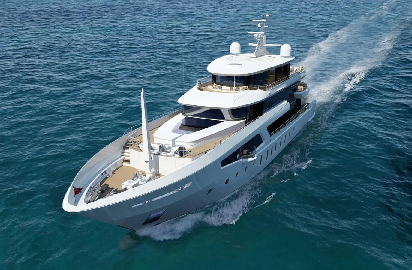 A luxurious yacht cruises through the open sea, showcasing its sleek design and spacious decks. aboard ROMEO 55 Yacht for Sale