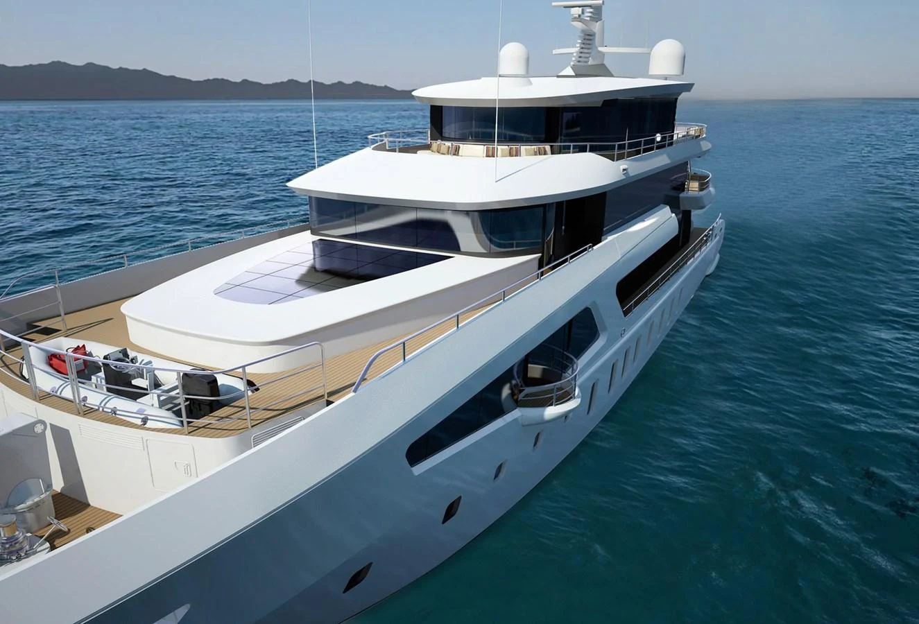 A sleek and modern yacht cruising on calm waters with a clear view of its multi-level design. aboard ROMEO 55 Yacht for Sale