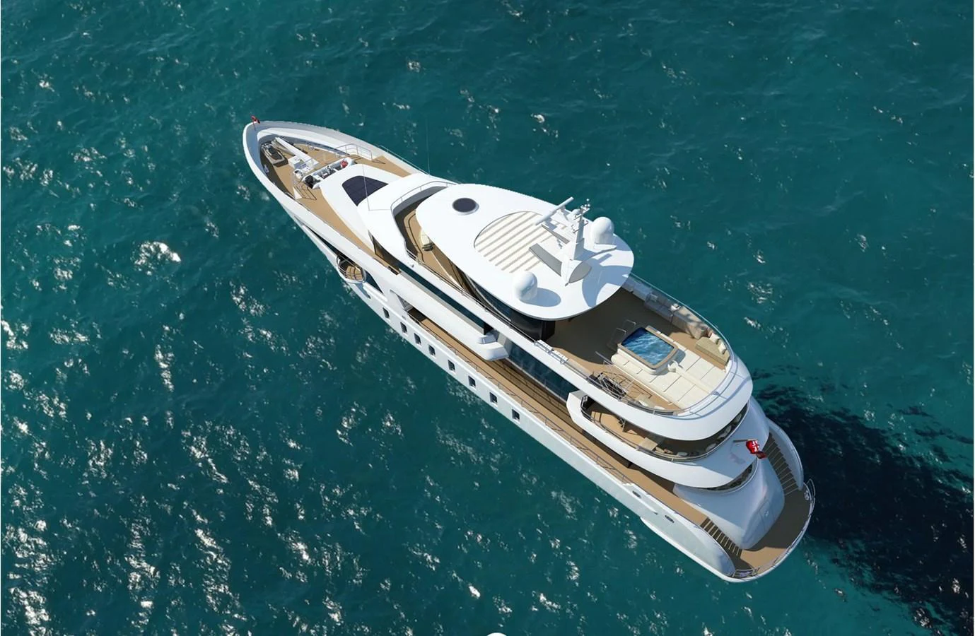 A luxurious yacht cruising on clear blue waters, showcasing its elegant design and spacious decks. aboard ROMEO 55 Yacht for Sale