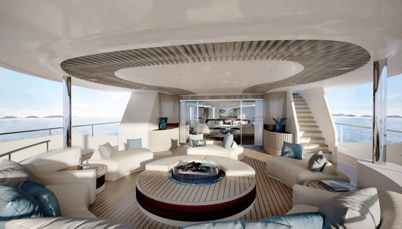 The yacht's lounge area features a spacious and elegant design with plush seating and panoramic views. aboard ROMEO 55 Yacht for Sale
