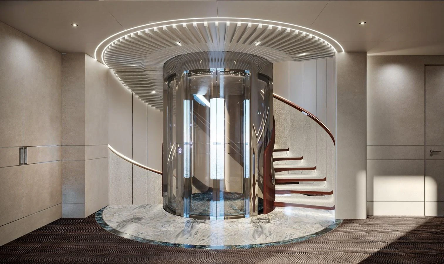 A luxurious interior staircase with a modern design and elegant lighting. aboard ROMEO 55 Yacht for Sale