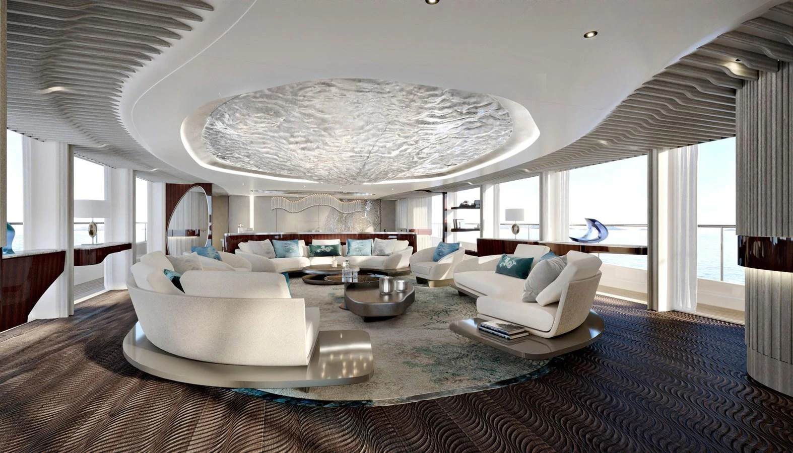 The yacht's salon features a luxurious and spacious seating area with modern decor and panoramic views. aboard ROMEO 55 Yacht for Sale