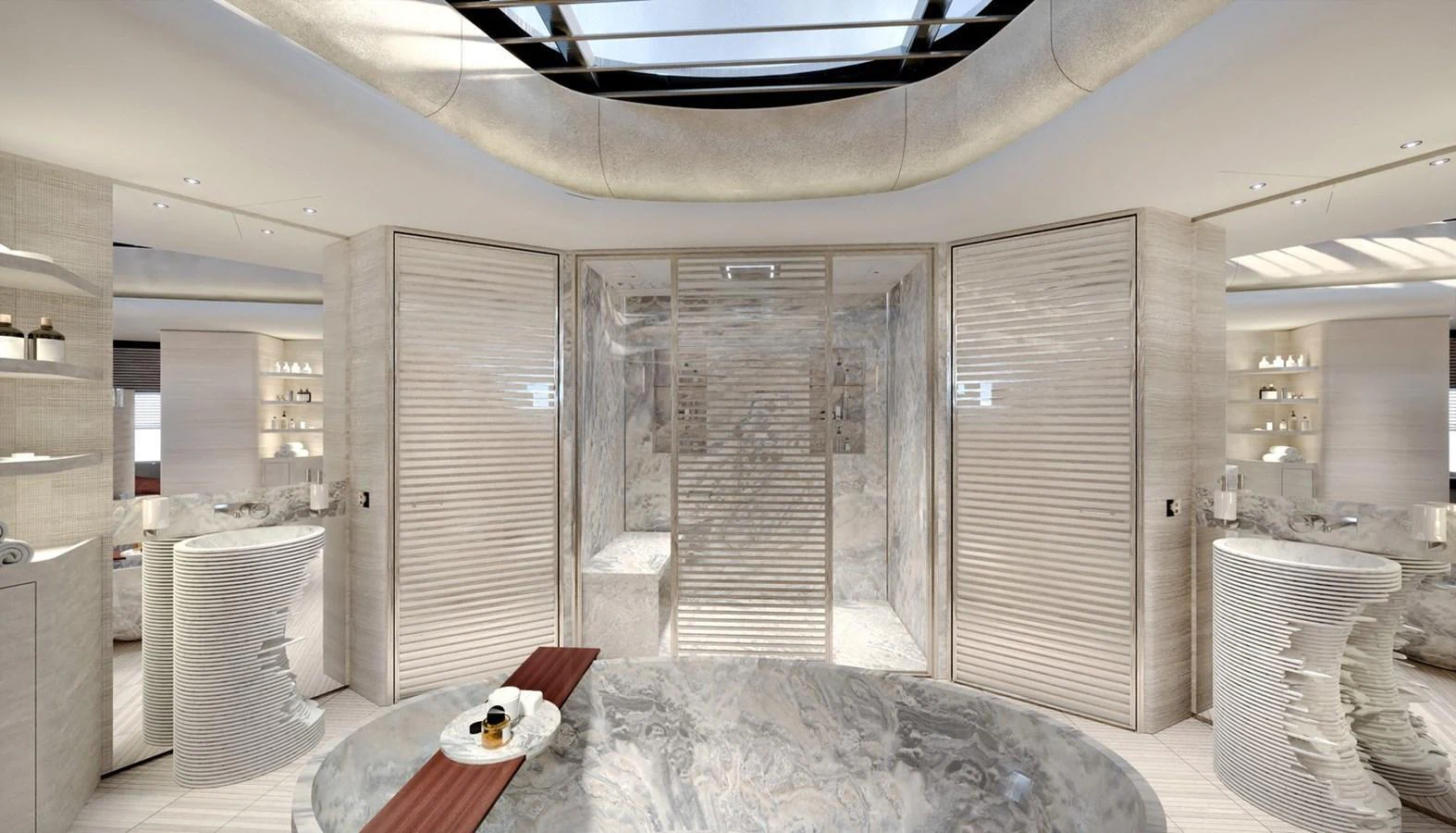 The yacht's spa features a luxurious and serene environment with elegant design elements. aboard ROMEO 55 Yacht for Sale