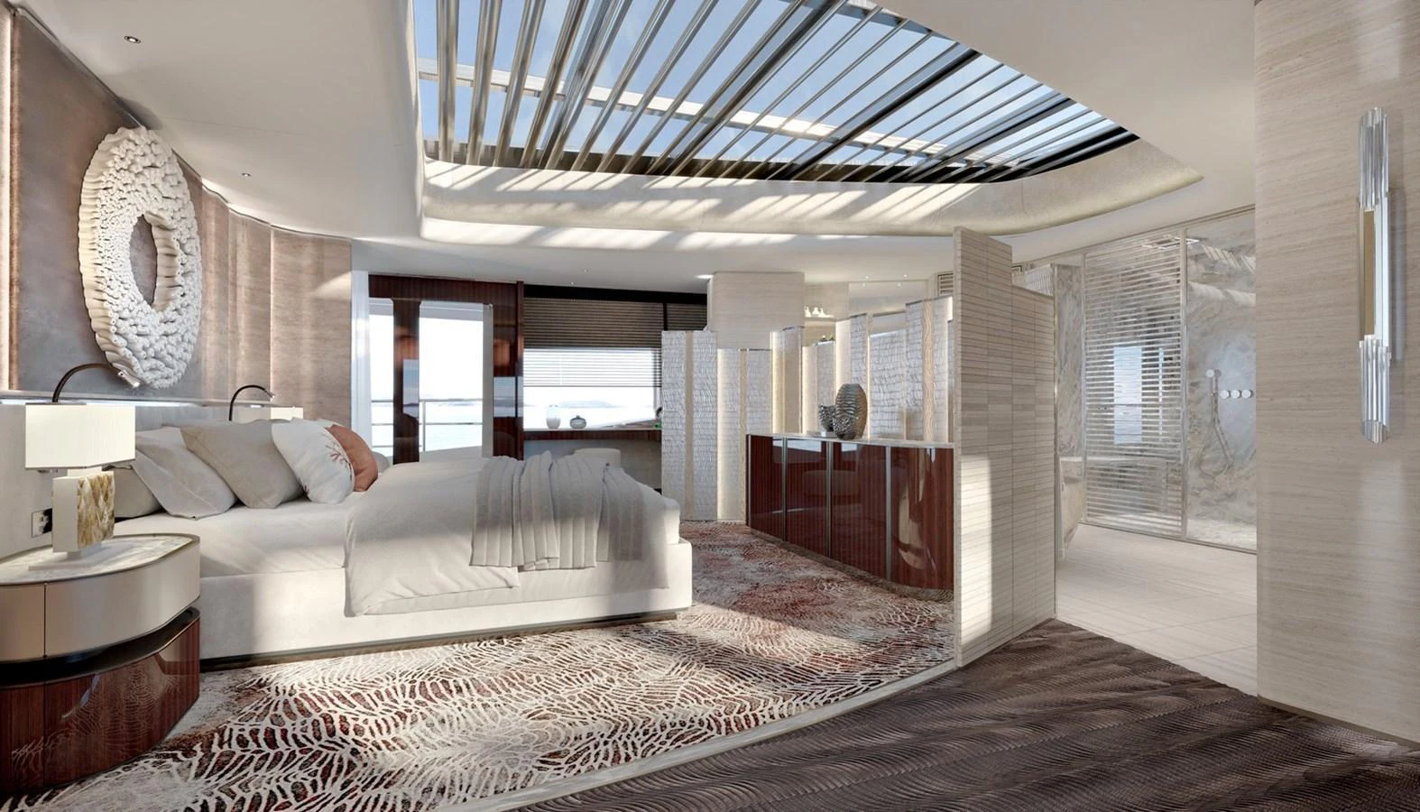 The master stateroom features luxurious decor with a spacious layout and modern furnishings. aboard ROMEO 55 Yacht for Sale