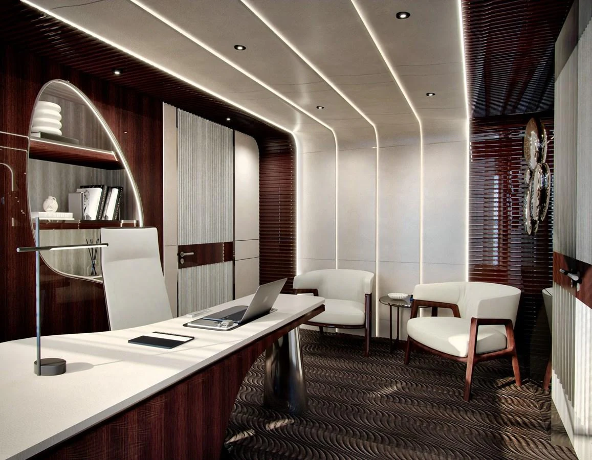 The yacht's office features modern furnishings and a sleek design, perfect for business or relaxation. aboard ROMEO 55 Yacht for Sale