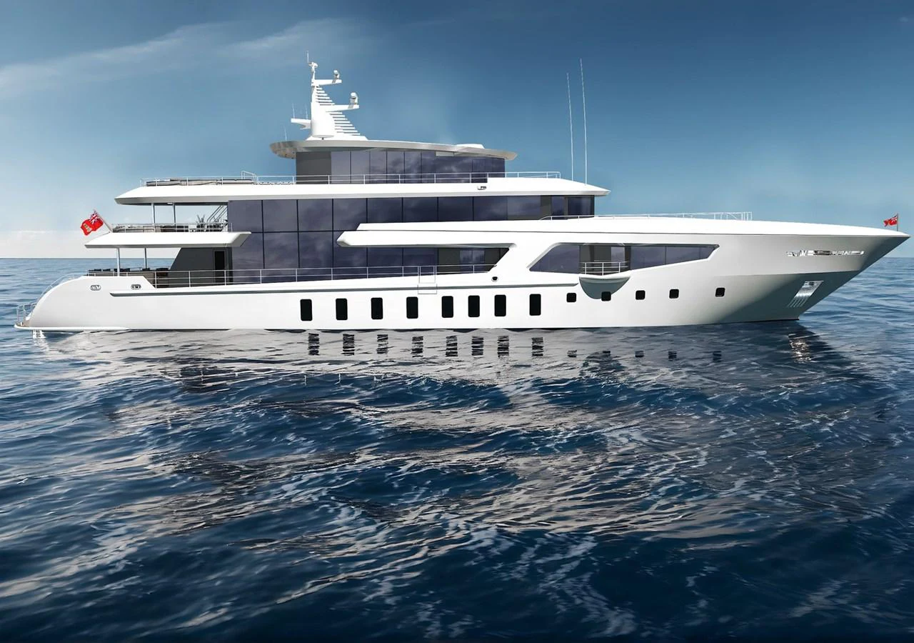 A sleek and modern yacht cruising on calm waters under a clear sky. aboard ROMEO 55 Yacht for Sale