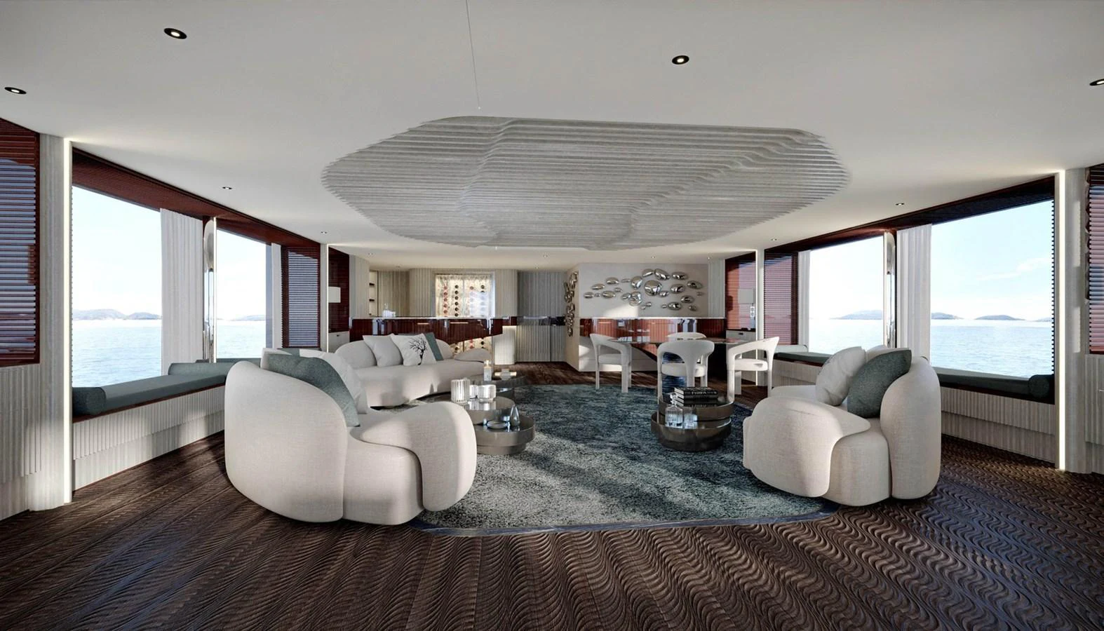 The spacious salon features modern furnishings and panoramic windows, offering a luxurious and comfortable setting. aboard ROMEO 55 Yacht for Sale