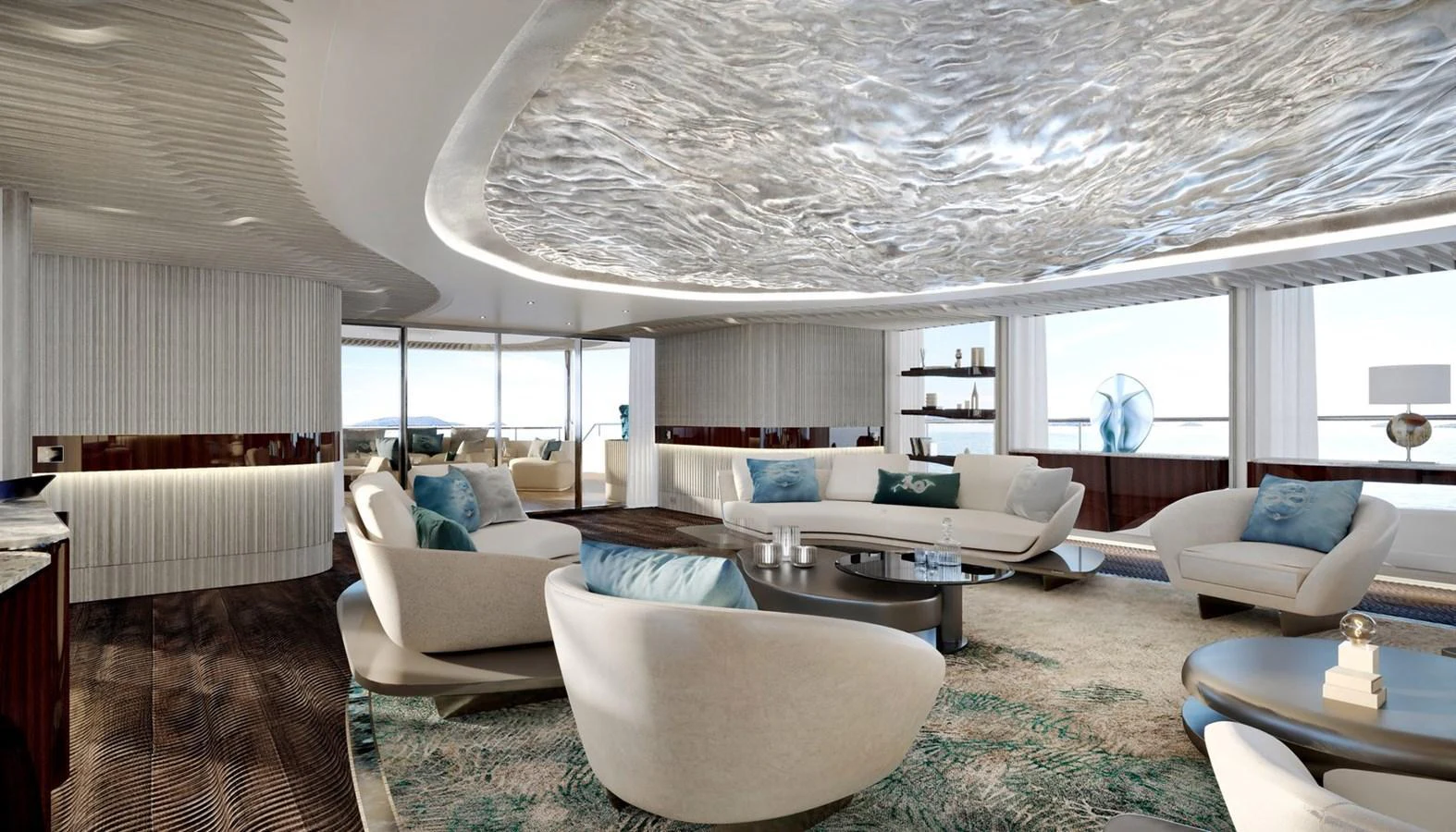 The yacht's salon boasts a luxurious and modern design with ample seating and elegant decor. aboard ROMEO 55 Yacht for Sale