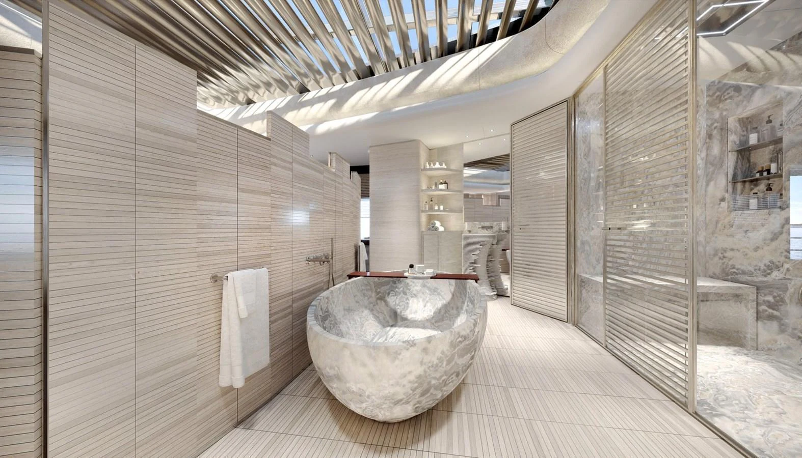 The luxurious bathroom features a stunning marble bathtub and modern design elements. aboard ROMEO 55 Yacht for Sale