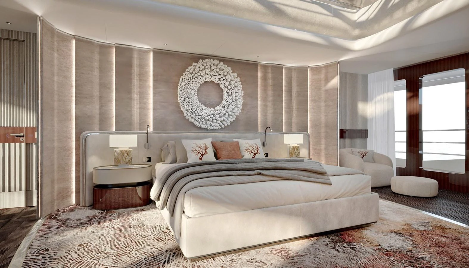 The master stateroom features a luxurious bed with elegant decor and ample natural light. aboard ROMEO 55 Yacht for Sale
