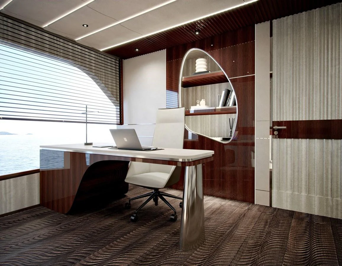 A luxurious yacht office with modern furnishings and a serene ocean view. aboard ROMEO 55 Yacht for Sale