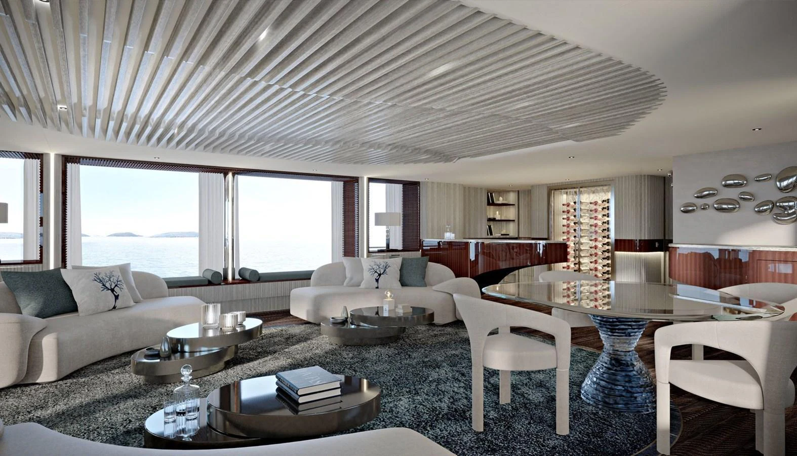 The spacious salon features elegant seating, modern decor, and panoramic windows offering stunning sea views. aboard ROMEO 55 Yacht for Sale