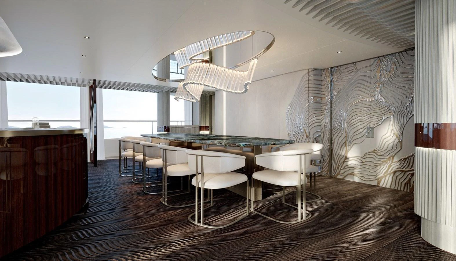 The yacht's dining area features a modern design with elegant seating and a unique ceiling fixture. aboard ROMEO 55 Yacht for Sale
