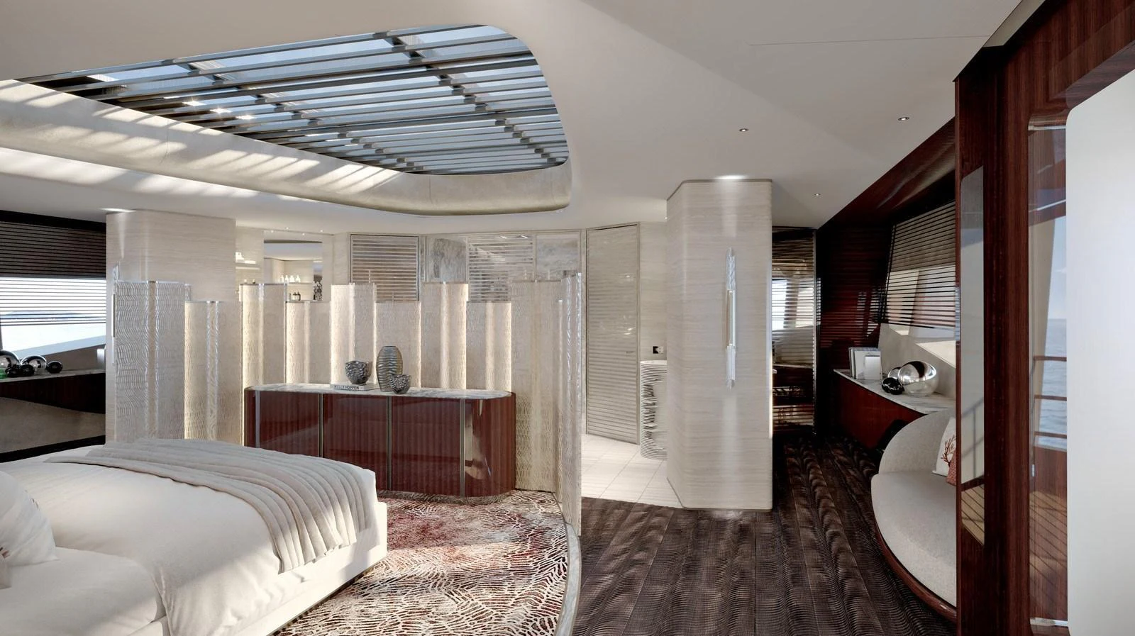 The master stateroom features luxurious furnishings and a spacious layout with modern design elements. aboard ROMEO 55 Yacht for Sale