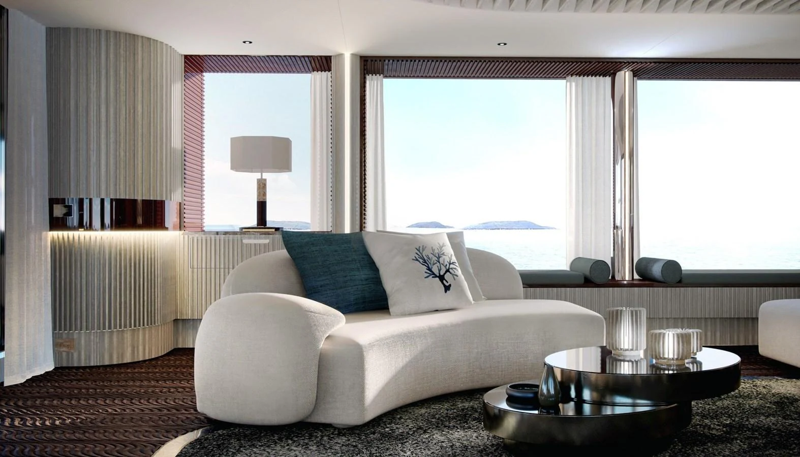 The salon offers a serene and luxurious space with panoramic views of the sea. aboard ROMEO 55 Yacht for Sale