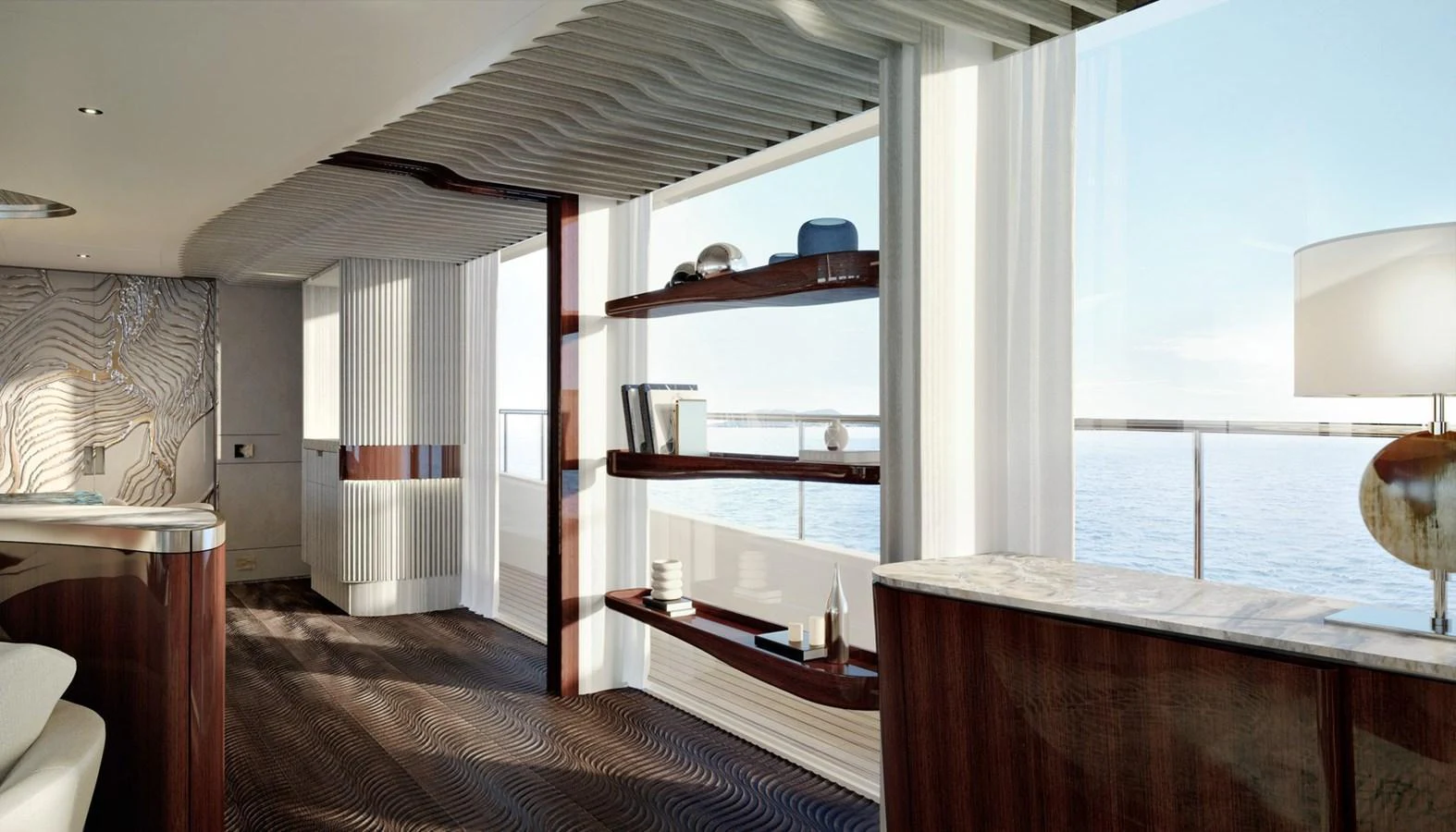 The yacht's interior features a modern, open space with large windows offering stunning ocean views. aboard ROMEO 55 Yacht for Sale