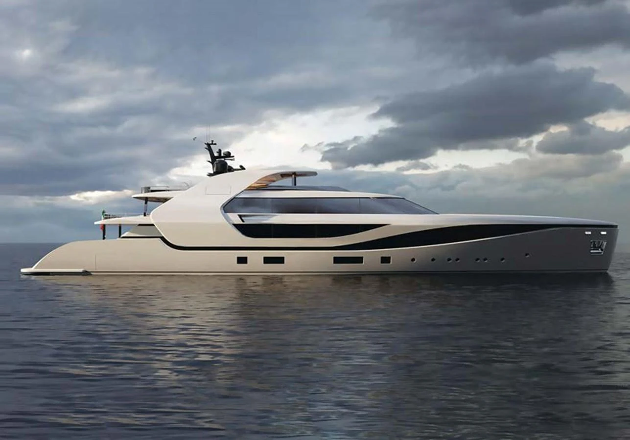 A sleek and modern yacht glides gracefully on calm waters under a cloudy sky. aboard NOON Yacht for Sale