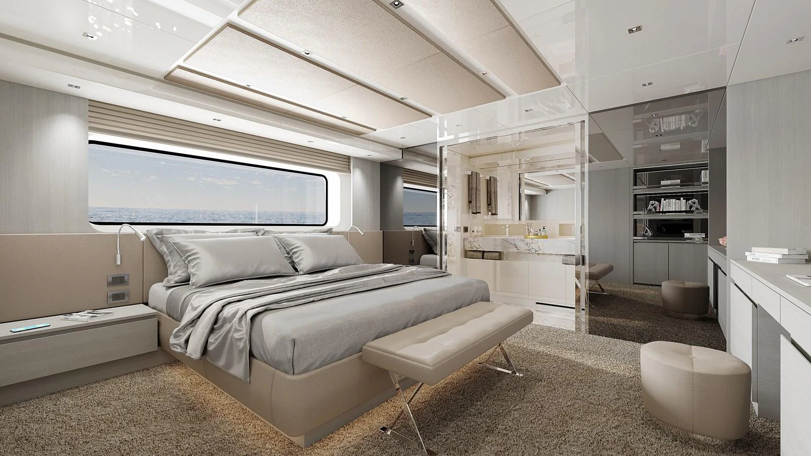 The master stateroom features a luxurious bed, ample natural light, and an ensuite bathroom. aboard NOON Yacht for Sale
