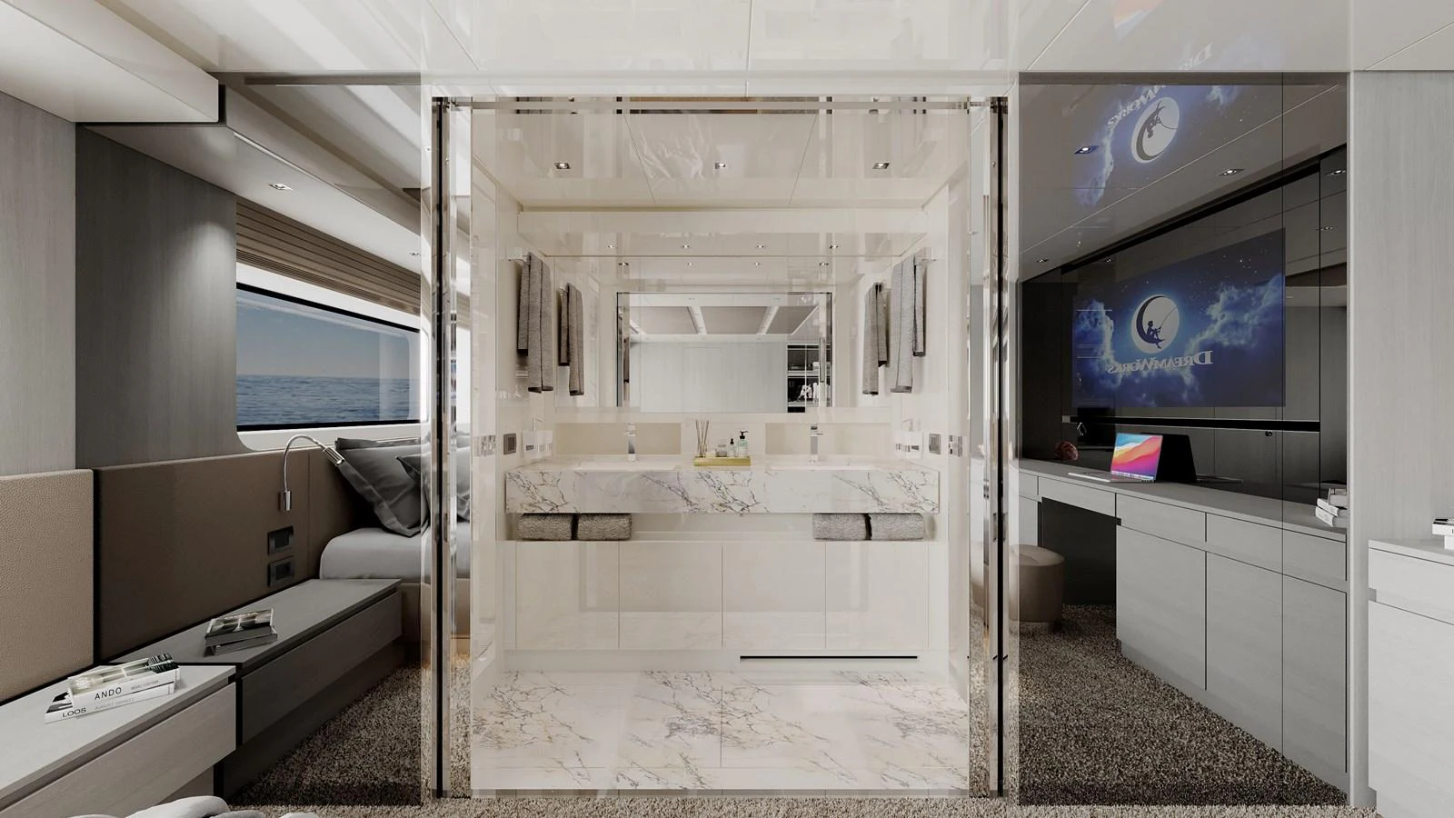The yacht's bathroom features a luxurious and modern design with marble accents and ample lighting. aboard NOON Yacht for Sale