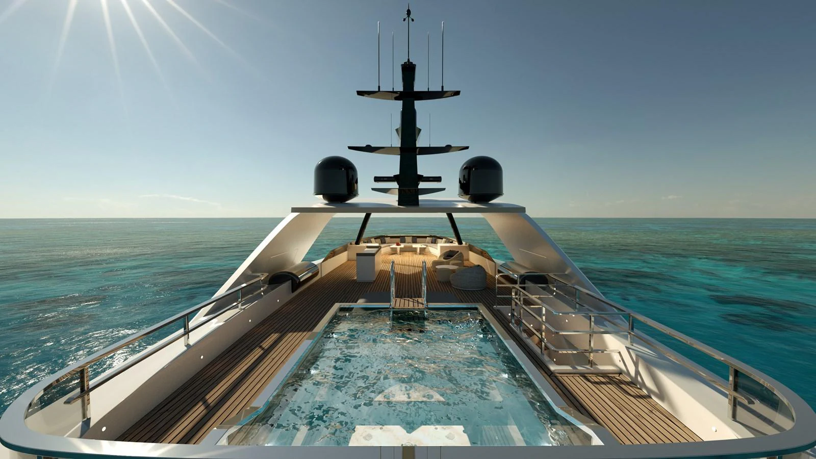 The yacht's aft deck features a luxurious pool area with ample seating, set against a stunning ocean backdrop. aboard NOON Yacht for Sale