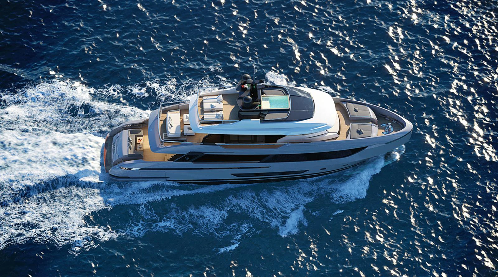 A sleek and modern yacht cruising through the open sea, showcasing its luxurious design and spacious decks. aboard DOGE 350 Yacht for Sale