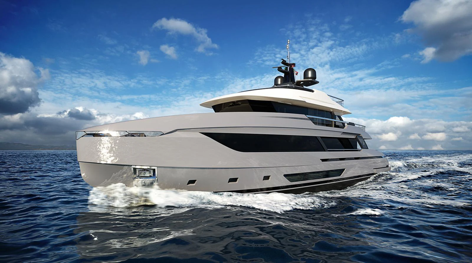 A sleek and modern yacht cruising through open waters under a vibrant blue sky. aboard DOGE 350 Yacht for Sale