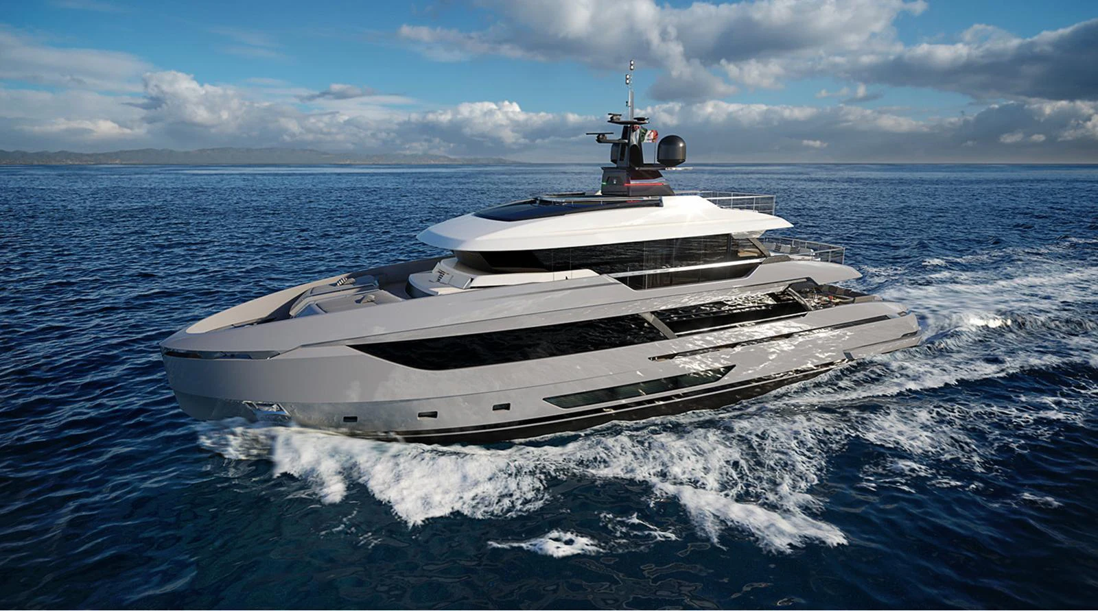 A sleek and modern yacht cruises through the open sea under a partly cloudy sky. aboard DOGE 350 Yacht for Sale