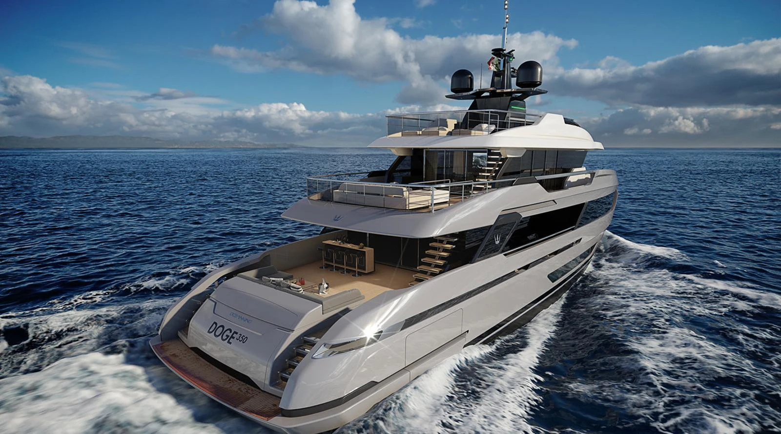A sleek and modern yacht cruises through open waters under a partly cloudy sky. aboard DOGE 350 Yacht for Sale