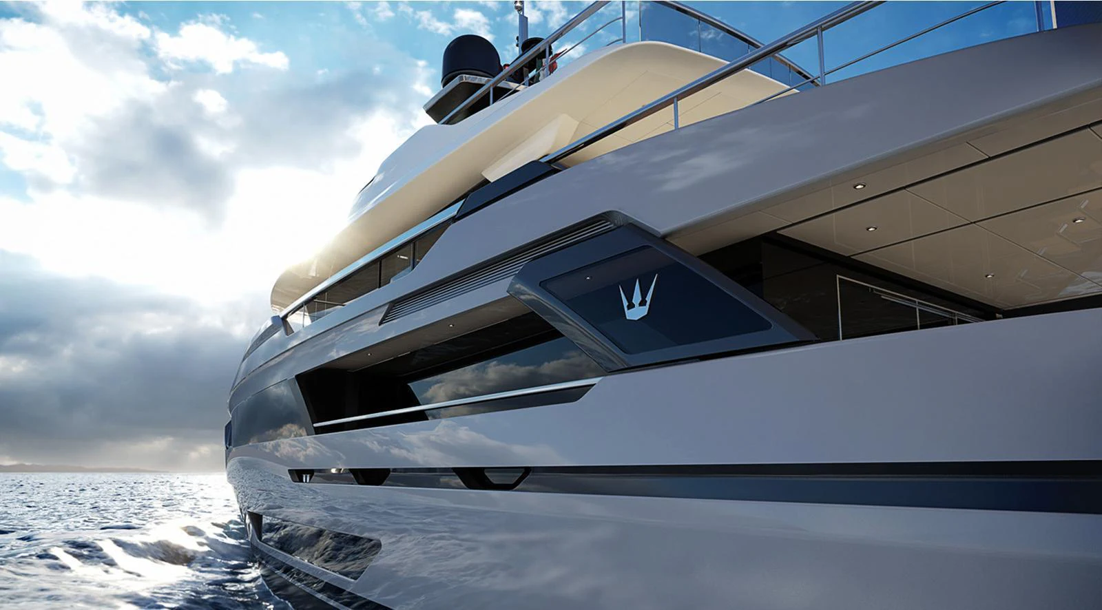 A sleek and modern yacht glides through the water under a partly cloudy sky. aboard DOGE 350 Yacht for Sale