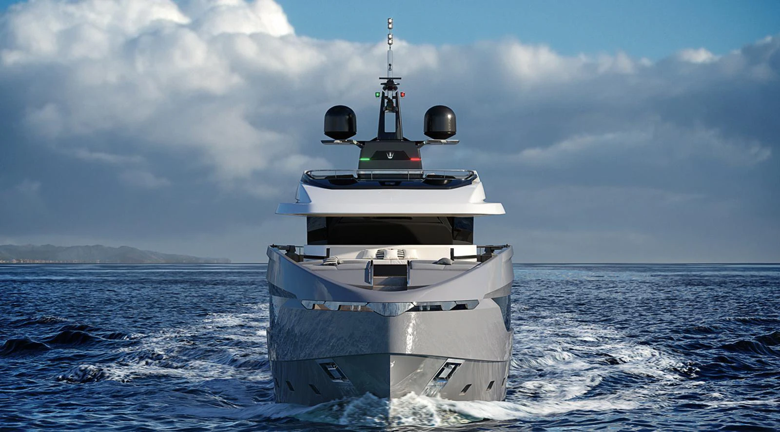 A sleek yacht cuts through the water, showcasing its modern design against a backdrop of open sea and dramatic clouds. aboard DOGE 350 Yacht for Sale